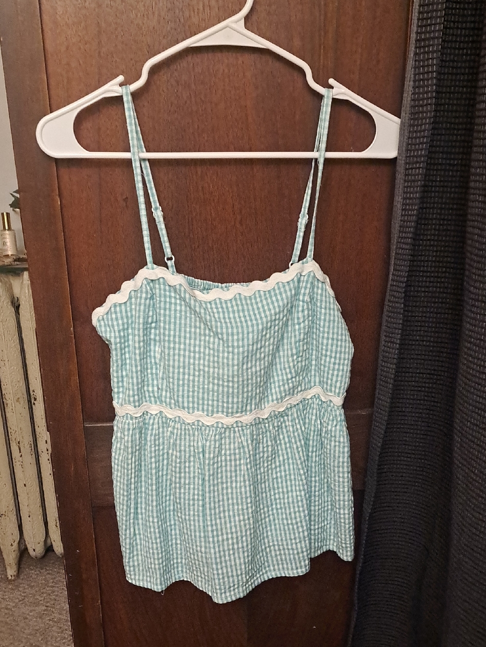 Sim & Sam NWT size L Light Blue Gingham Spaghetti Strap Tank with RicRac Trim